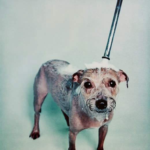 Small dog being bathed and shampooed